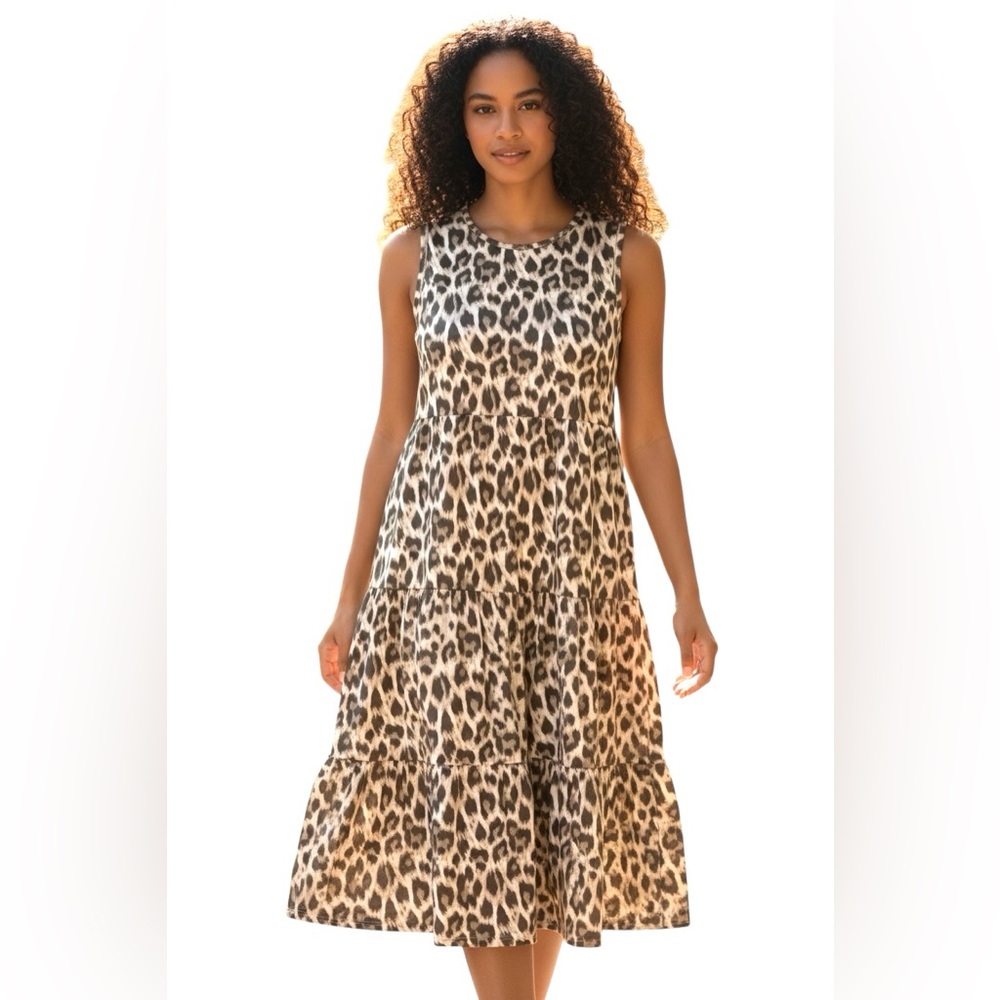 BUA BUA tan/taupe/gray animal print tiered ruffle sleeveless dress size Medium